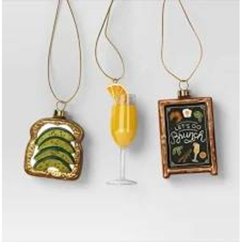 3pc Target Wondershop Glass Christmas Ornaments Avocado Toast Brunch Sign Drink